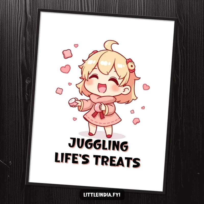 Funny Poster: A gleeful character masterfully juggles tiny, delightful sweets, creating a vibrant and humorous visual. Ideal funny gift for sweet decor.