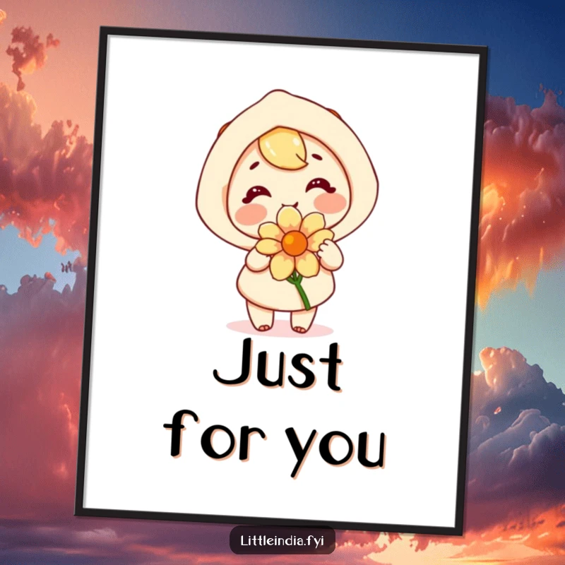 Funny poster art of a happy character joyfully offering a fragrant flower, conveying warmth and positive emotion.