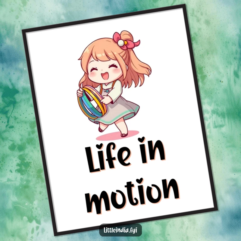 Funny poster art shows a character happily twirling while holding a stack of colorful bangles, radiating cheer.