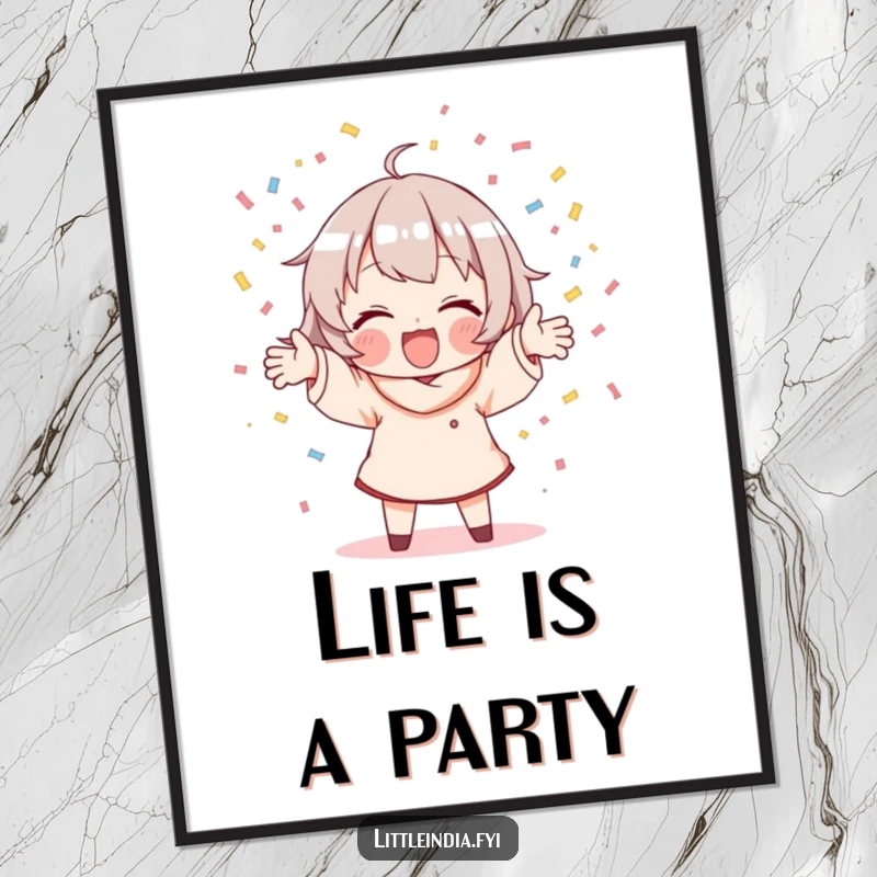 Funny poster depicting a character joyfully scattering handfuls of colorful confetti, creating a scene of pure celebration.