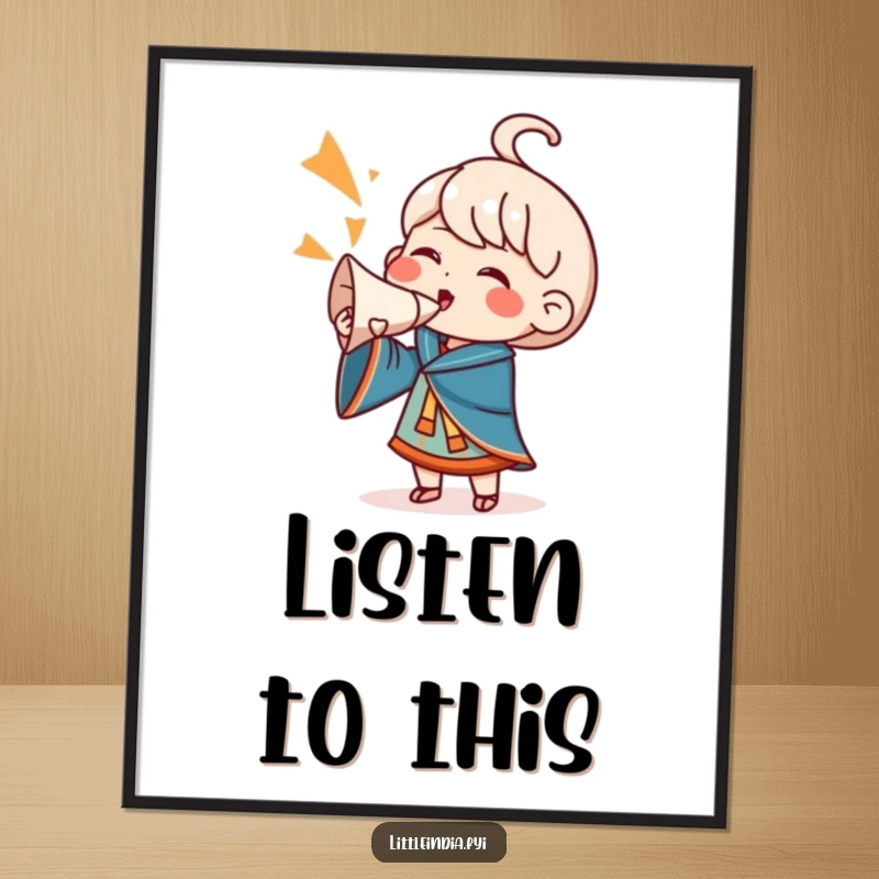 Funny Poster: An illustration of a character blowing a conch shell with great force, emitting a loud, happy cheer for all to hear.