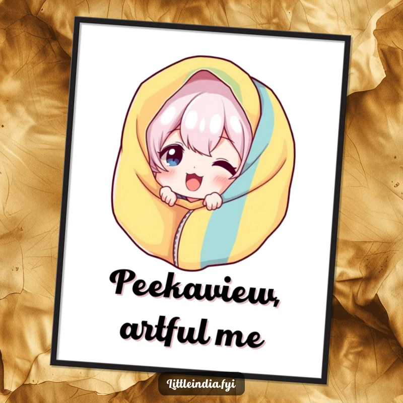 Funny Giggling Poster: A character playfully peeking from behind a colorful fabric, creating a joyful and amusing wall art.