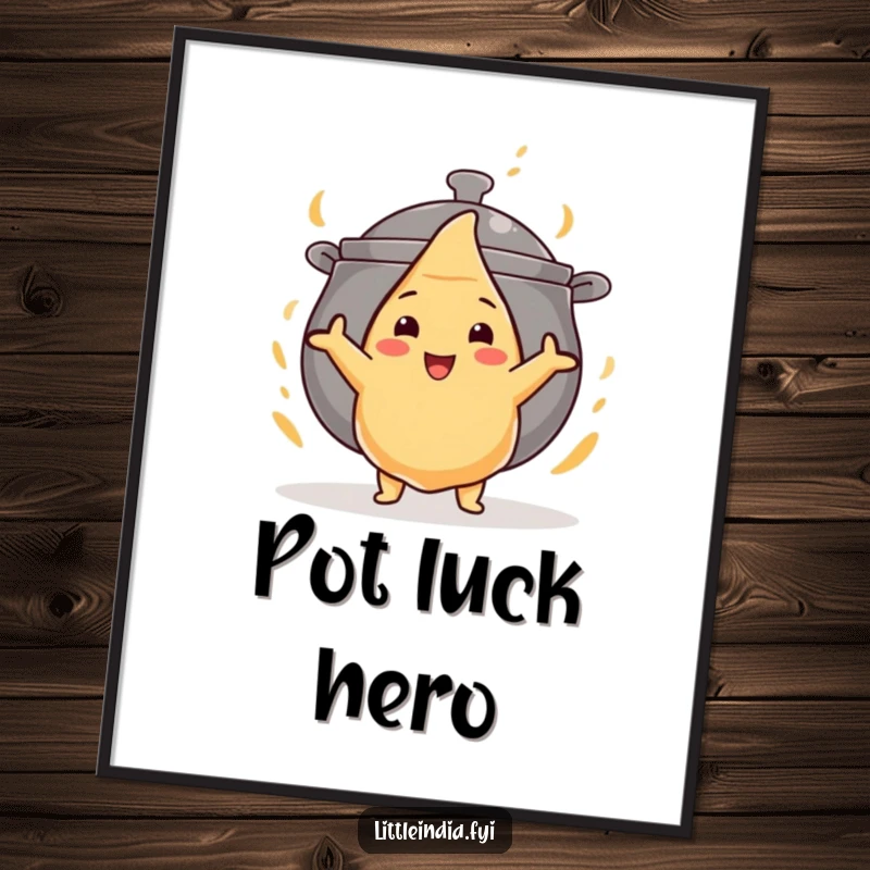 Funny poster depicting a small, brave samosa heroically confronting a gigantic pot of curry, a culinary battle scene.