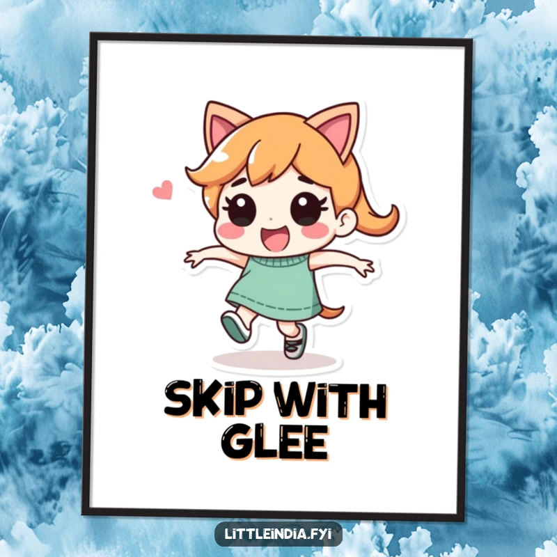 Funny Poster: Playful character captured mid-joyful skip, radiating infectious energy and a spirit of pure happiness.