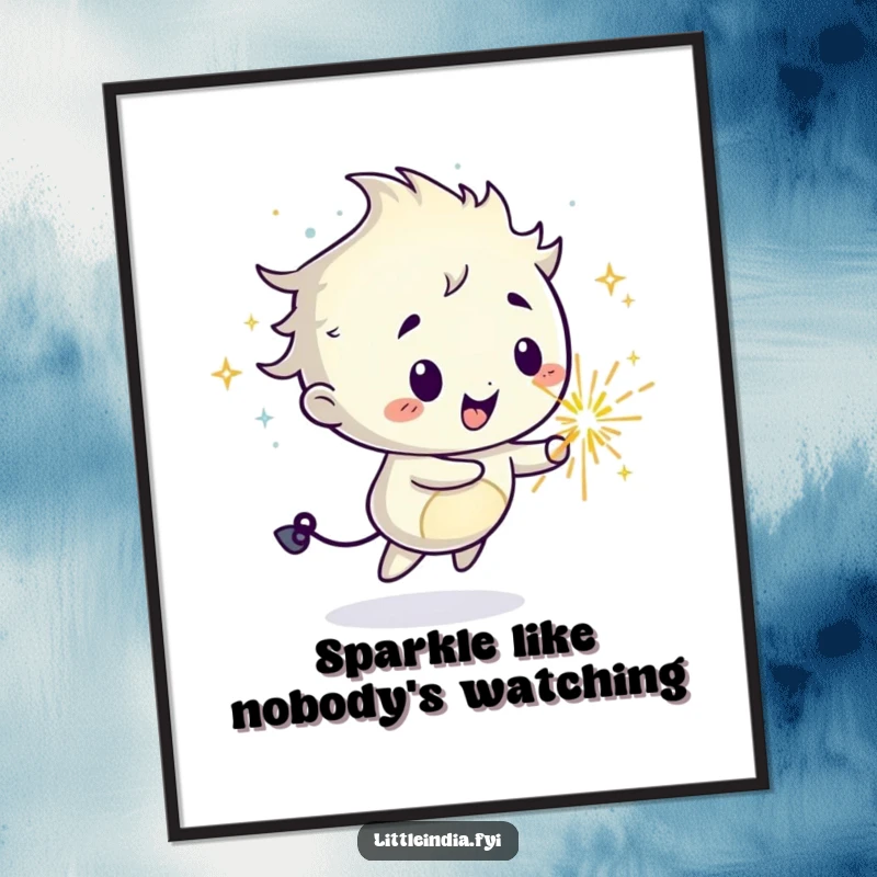 Funny poster art of a mischievous sparkler character creating a vibrant, flowing trail of pure delight.