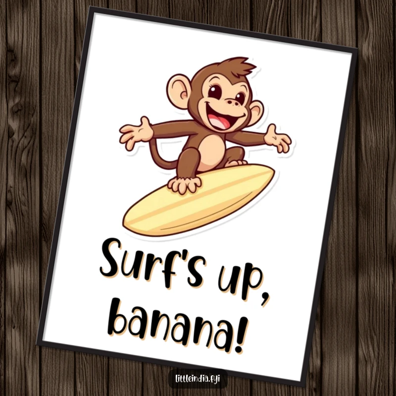 Funny poster of a mischievous monkey riding a giant roti like a surfboard, conveying a sense of wild fun and humor.