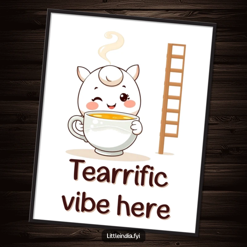 Funny Warmth Poster: Smiling character offers a steaming cup of tea, bringing a sense of calm and comfort to wall decor.