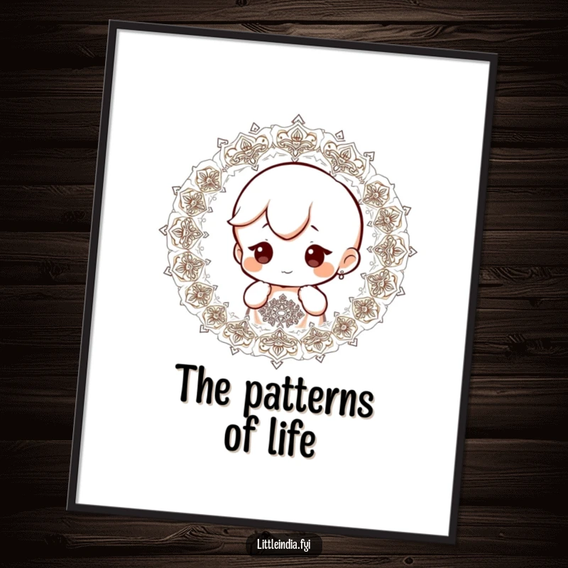 Funny poster depicting a small character with a curious expression, intently observing complex and mesmerizing patterns.