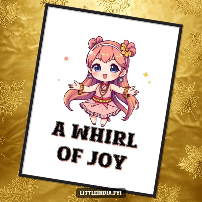 Funny Poster: A dynamic illustration of a character mid-twirl, embellished with numerous, brilliantly colored bangles, radiating pure, unadulterated joy.