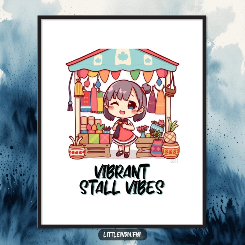 Funny poster illustrating a delighted character decorating a market stall with an abundance of colorful and attractive textiles.