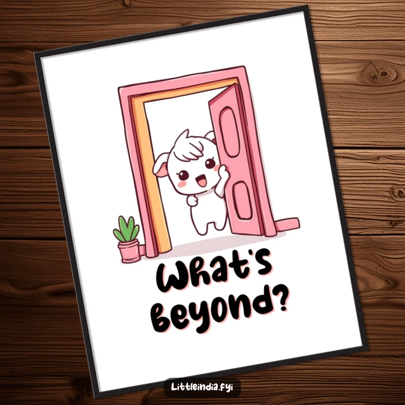 Funny Poster: A curious character excitedly peeks from behind a stunningly vibrant doorway, ready to explore.
