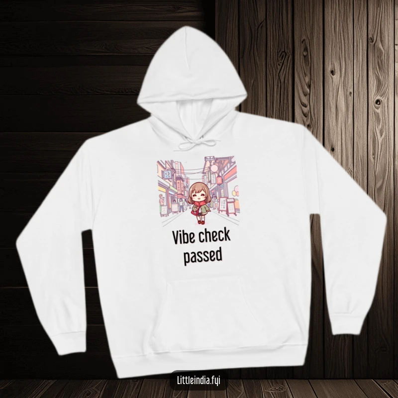 Funny hoodie with a cute character smiling, exploring a lively street, offering warmth and a touch of humor.