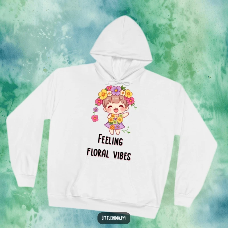 Funny hoodie showcasing a character draped in a vibrant flower garland, gently swaying in a state of happy contentment.