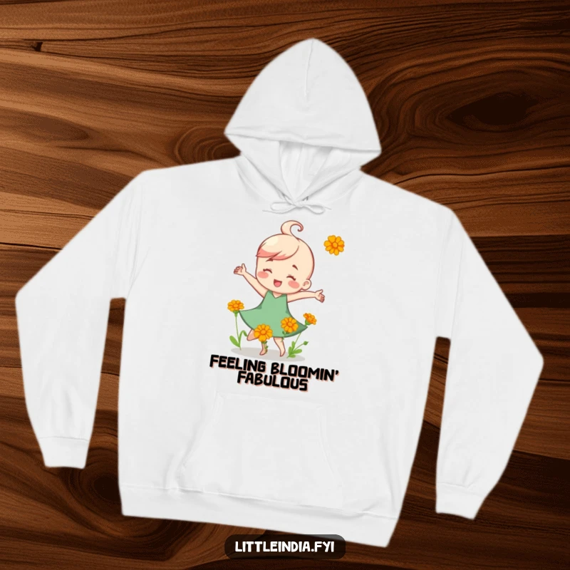 Funny Hoodie: A happy character performing a lively dance surrounded by bright, colorful marigold flowers, radiating warmth.