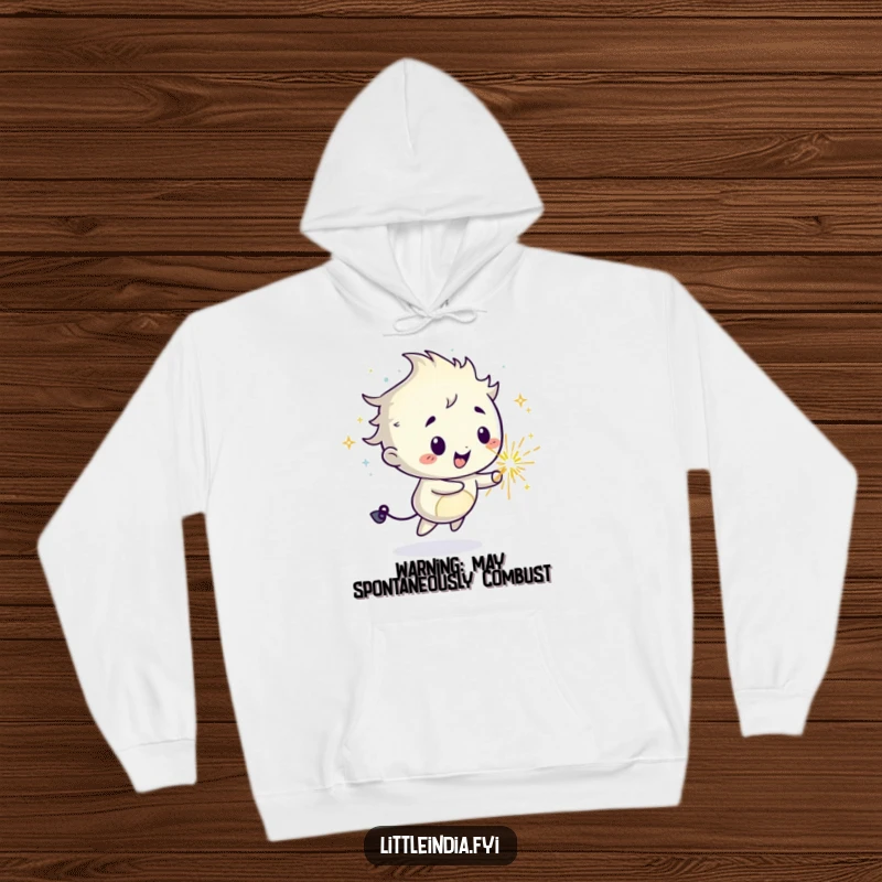 Funny hoodie showcasing a mischievous sparkler character radiating joy and leaving a luminous, happy trail.