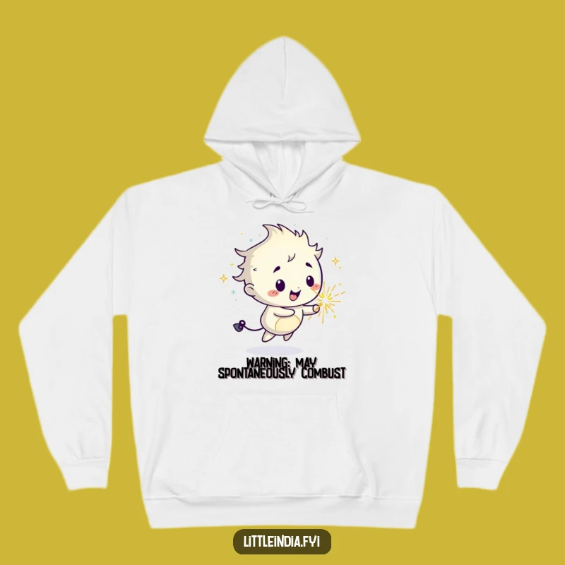 Cozy Funny Sparkler Hoodie: Mischievous Character Spreading Joyful Trails