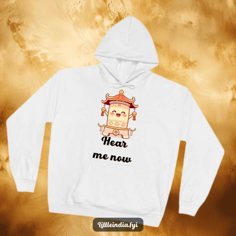 Funny hoodie featuring a happy temple bell character ringing with pure joy, offering cozy comfort and a harmonious sense of radiating happiness.