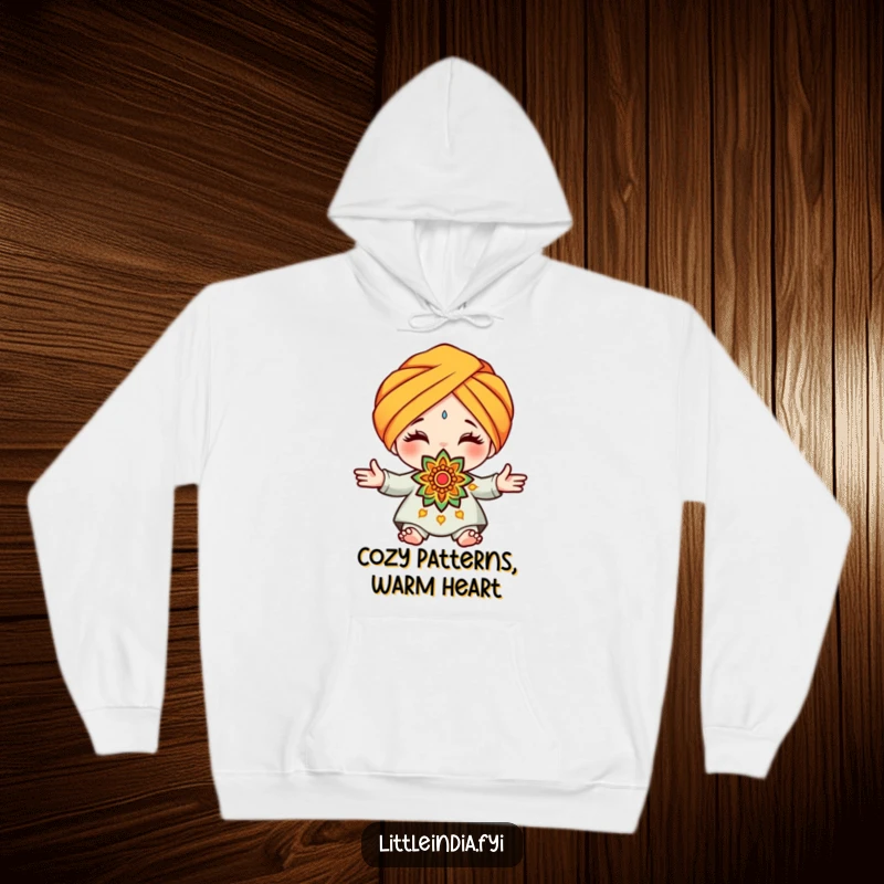Funny turban rangoli hoodie depicting a cute character in a turban, presenting a meticulously crafted decorative rangoli pattern with warmth.