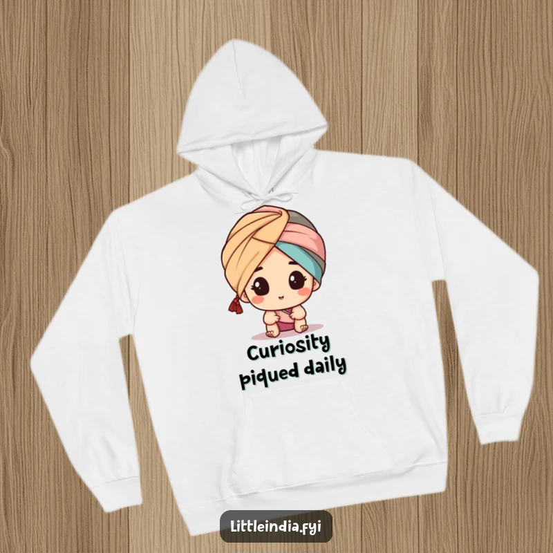 Funny hoodie with a character peeking discreetly from behind a turban, offering warmth and a hint of playful secrecy, a cozy and humorous item.