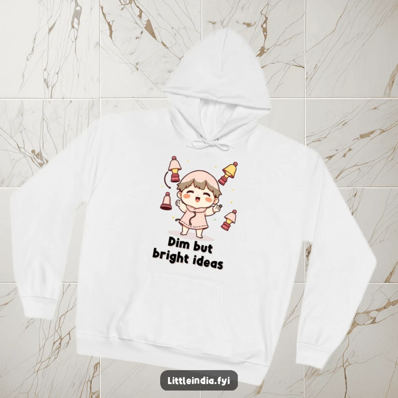 Funny hoodie depicting a whimsical character skillfully juggling tiny lamps, perfect for someone with a bright and humorous personality.