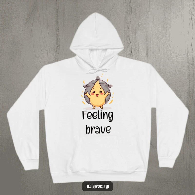 Funny hoodie showing a small samosa bravely standing against an enormous curry pot, ready for a culinary showdown.