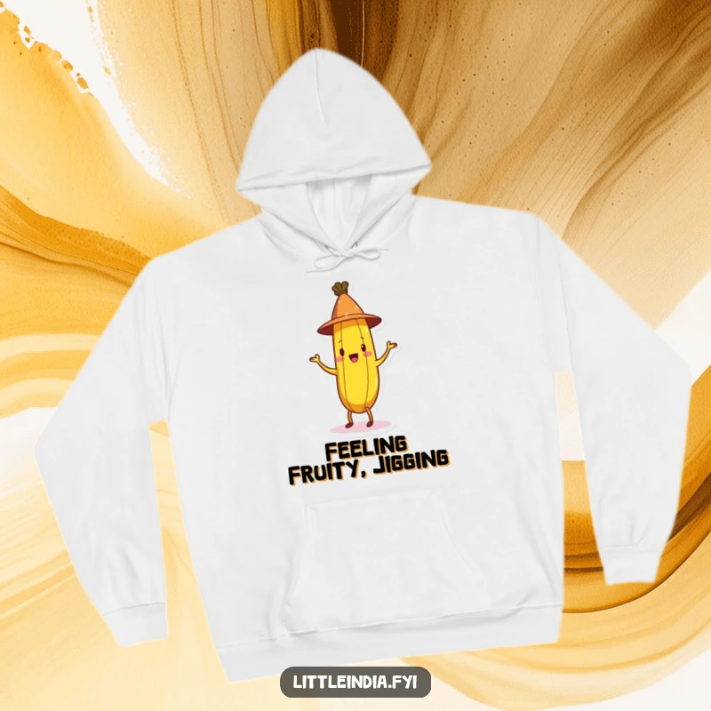 Funny Banana Hoodie showing a cheerful banana wearing a conical hat and doing a jig, perfect for staying warm and amused.