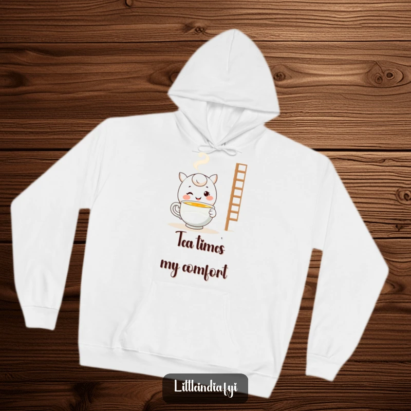 Funny Cozy Hoodie: Features a smiling character offering a warm cup of tea, perfect for relaxing moments.
