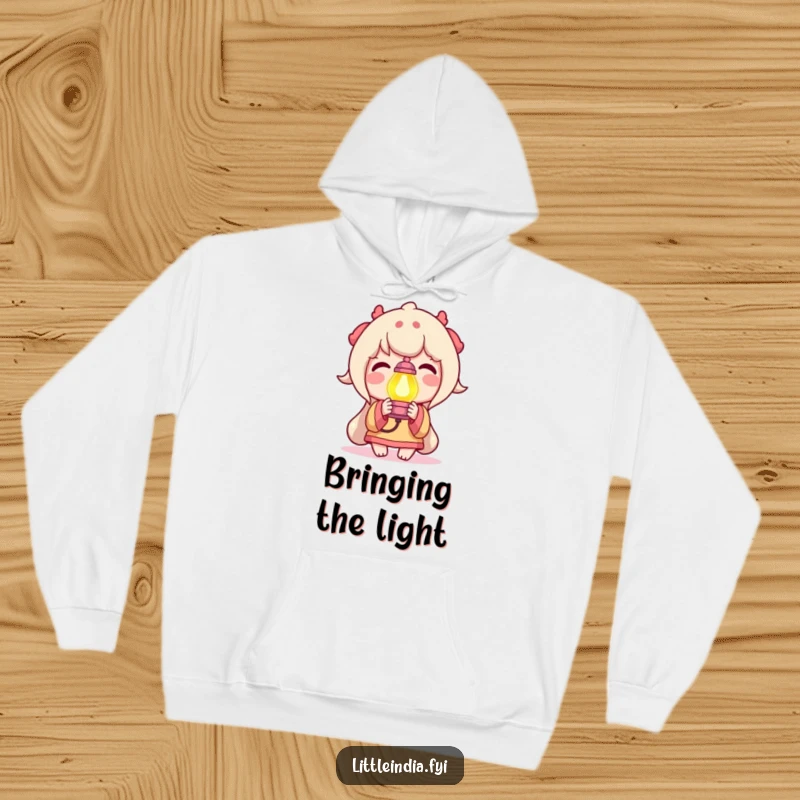 Funny Hoodie featuring a delighted character holding a small, brightly colored lamp, offering warmth and a symbol of illumination and joy.