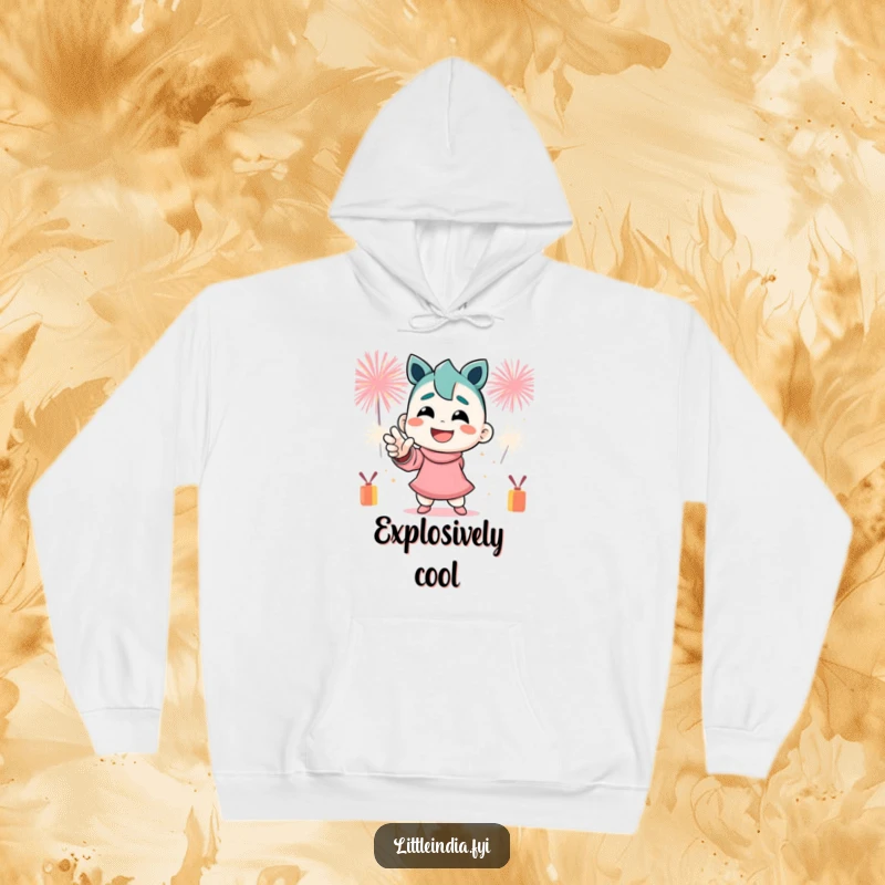 Funny Hoodie: A smiling character strikes a bold, dynamic pose with vibrant festive firecrackers exploding around them.