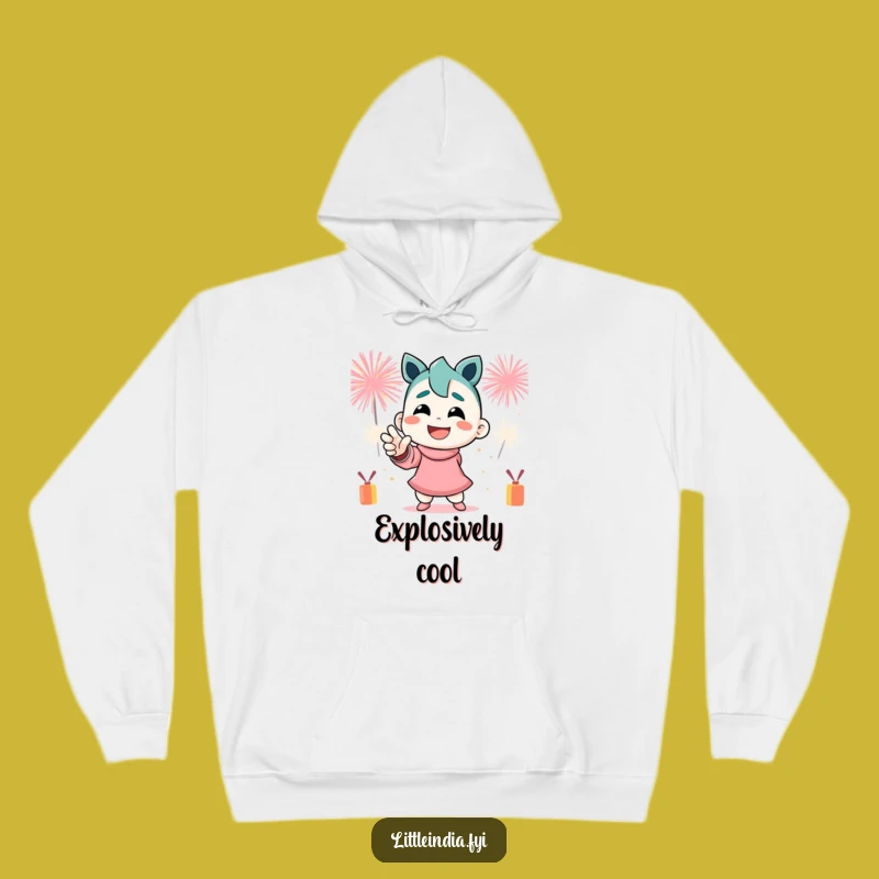 Funny Firecracker Pose Hoodie: Smiling Character's Dynamic Festive Comfort