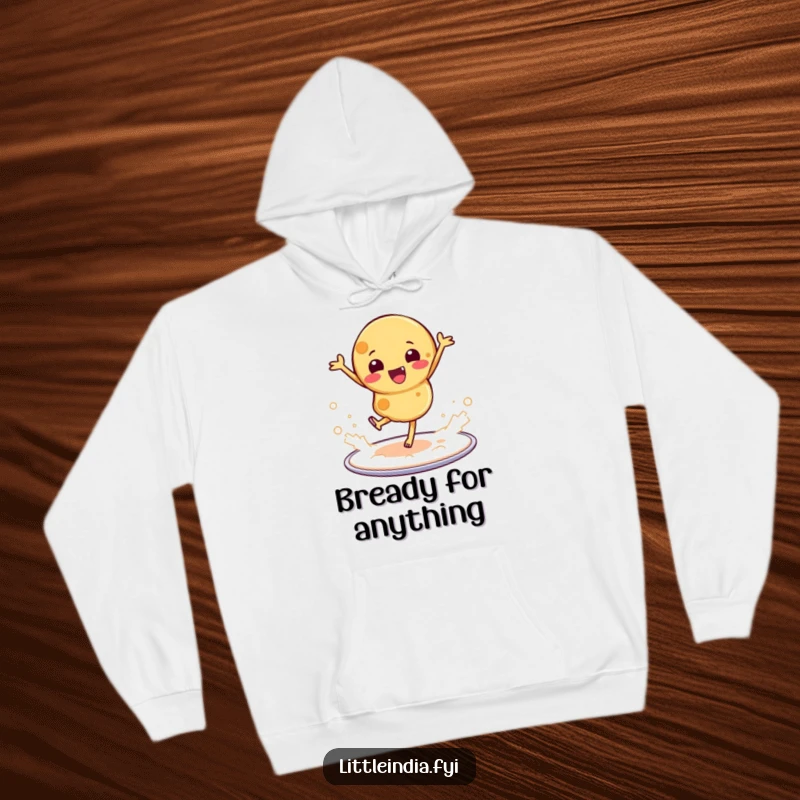 Funny hoodie featuring a happy roti dancing on a platter, with a cloud of flour rising around it.