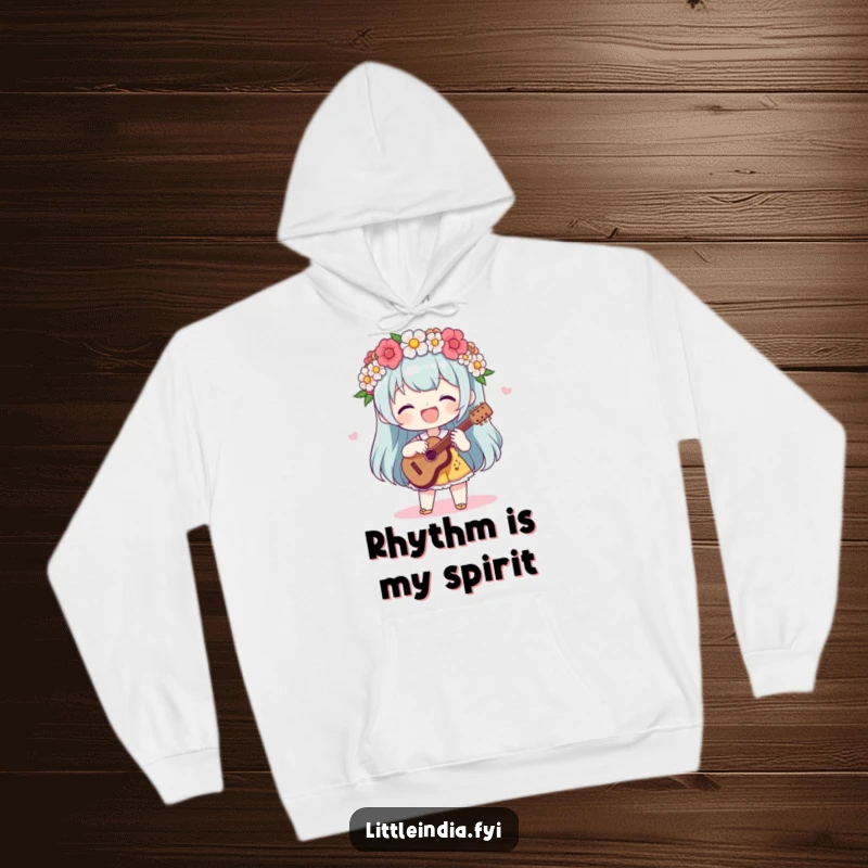 Funny Hoodie: A delighted character in a flower garland plays a rhythmic beat, radiating warmth and musical energy.