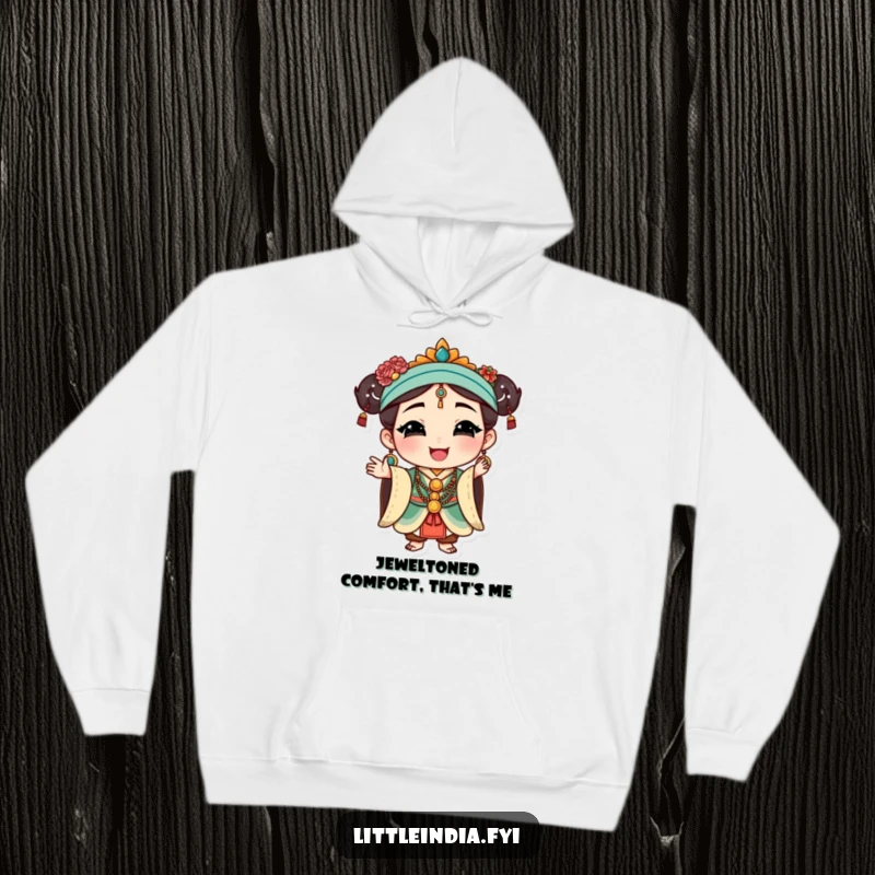 Funny Graceful Hoodie: Features a happy character adorned with traditional jewelry, striking a pose with elegance.