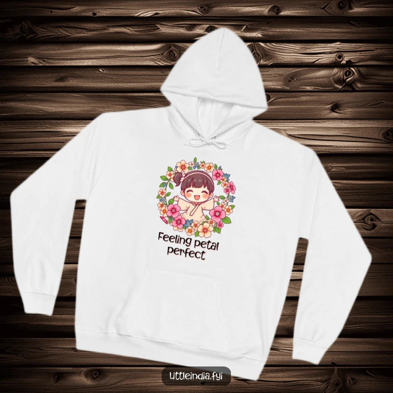 Funny Hoodie depicting a joyful character skillfully spinning a garland of fragrant flowers, offering warmth and a touch of natural beauty.