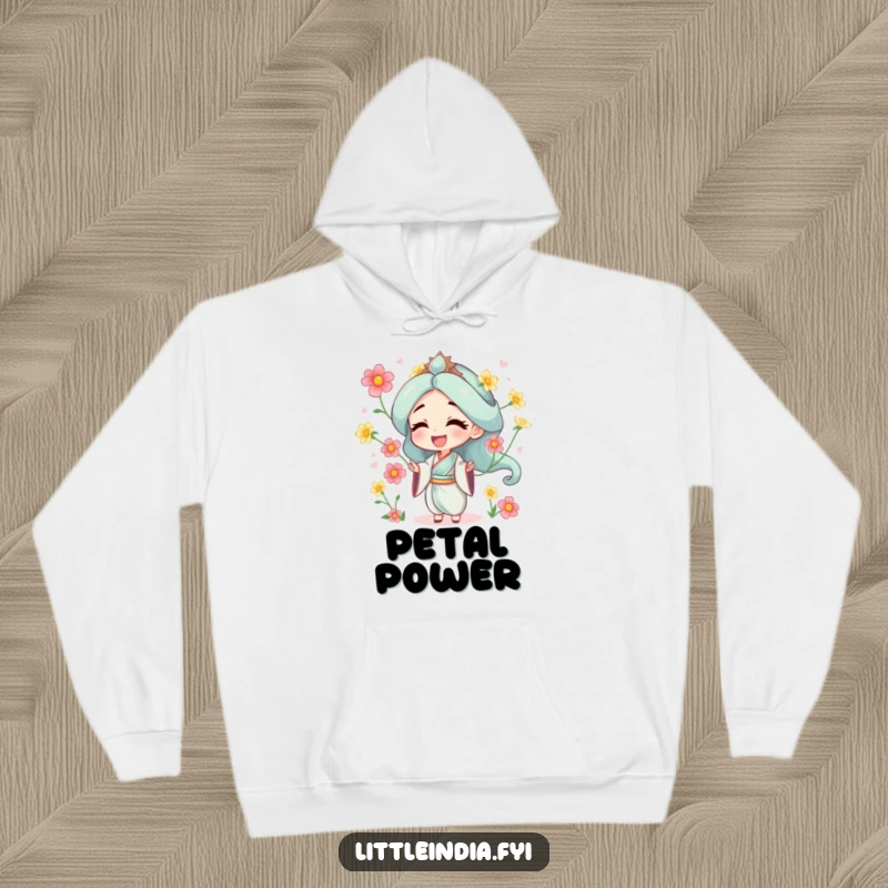 Funny hoodie depicting a character juggling jasmine flowers, offering warmth and a touch of floral cheer.