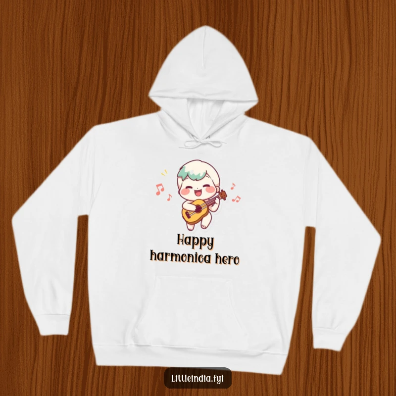 Funny hoodie showing a cheerful character playing a small musical instrument, radiating happiness and a lively tune.