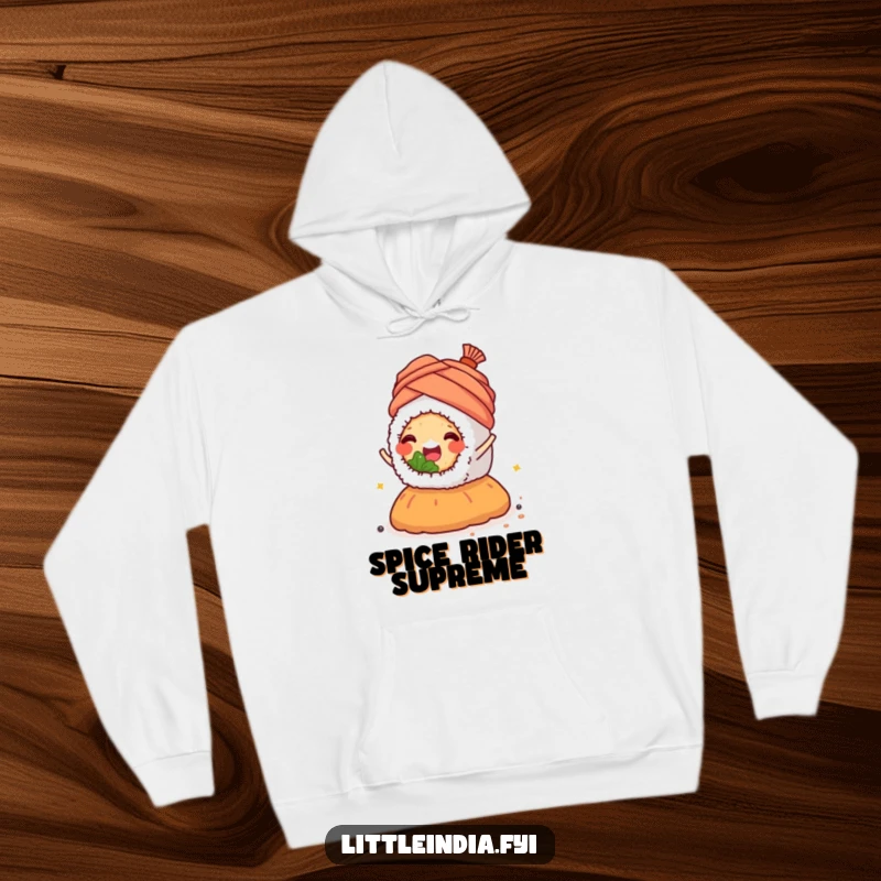 A happy sushi roll wearing a small turban is depicted joyfully riding a mound of spices, on a hoodie.