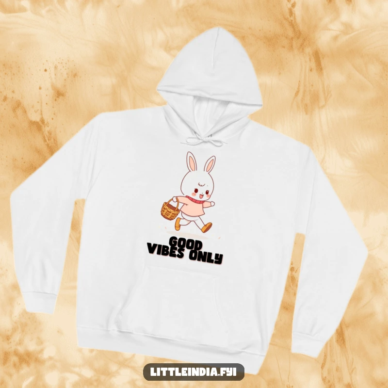 Funny Hoodie with a cheerful character captured mid-skip with a small woven basket, offering comfort and radiating pure, unadulterated happiness.