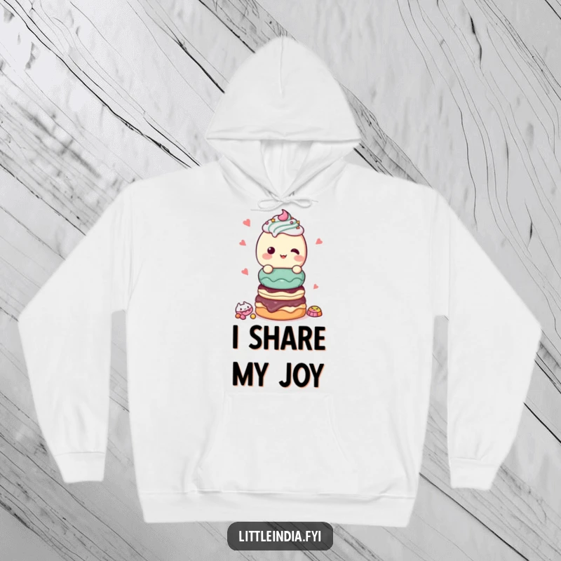 Funny Hoodie: A giggling character presenting a generous stack of sweet treats, offering warmth and comfort.
