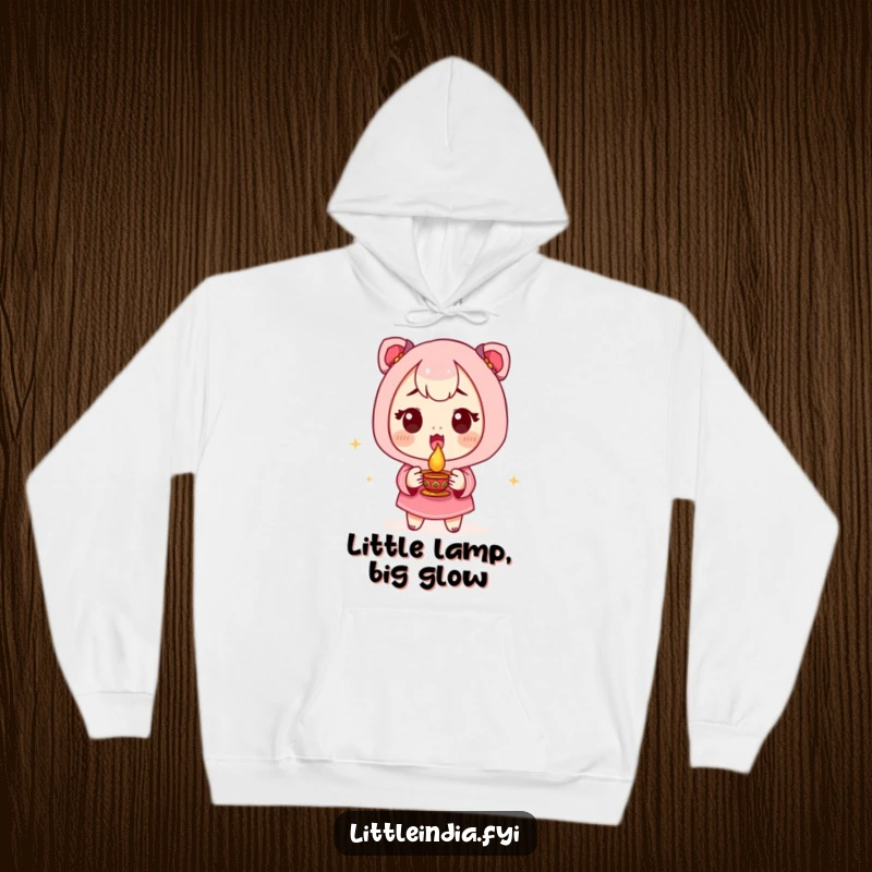 Funny Hoodie featuring an excited character holding a small diya lamp, offering cozy and humorous festive vibes.