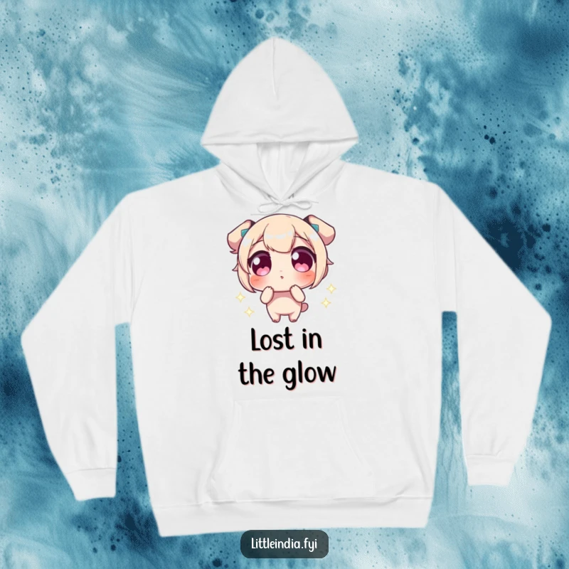 Funny Hoodie with a character wide-eyed in wonder at sparkling lights, offering a humorous and cozy experience.