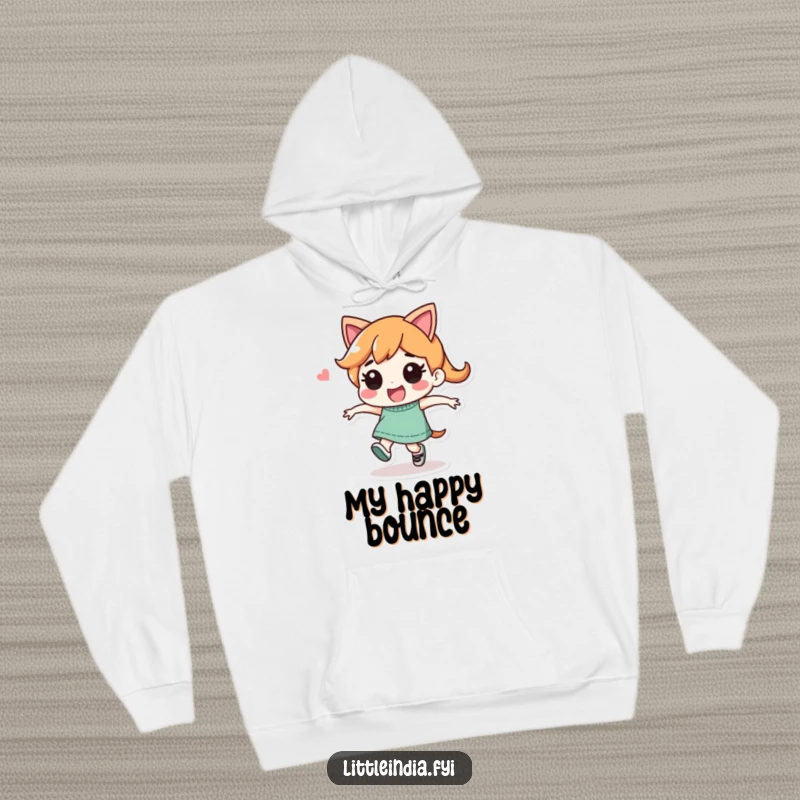 Funny Hoodie: Playful character performing a joyful, energetic skip, offering cozy comfort and radiating cheerful vibes.