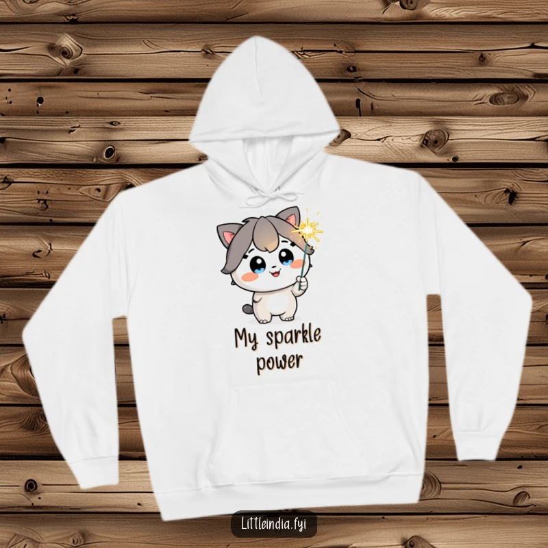 Funny Hoodie: A happy character with sparkling eyes holds a playful sparkler, embodying cozy celebratory spirit.