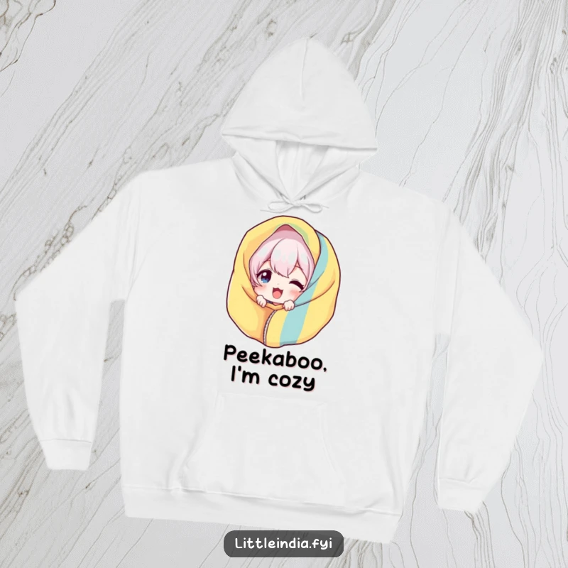 Funny Giggling Hoodie: A character playfully peeking from behind a colorful fabric, offering warmth and a hint of mischief.