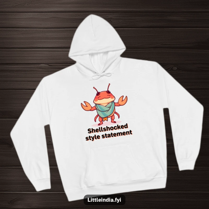 Funny Chilli Crab Hoodie with a confused chilli crab attempting to wear a tiny sarong.