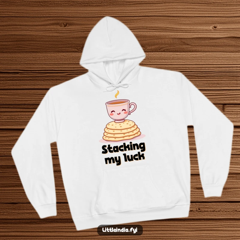 Funny hoodie depicting a cheerful chai cup attempting to balance on a precarious stack of chapati.