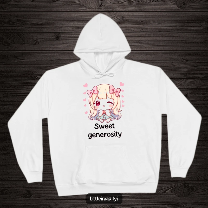 Funny hoodie depicting a character offering sweets with a bow, exuding warmth, kindness, and generosity.