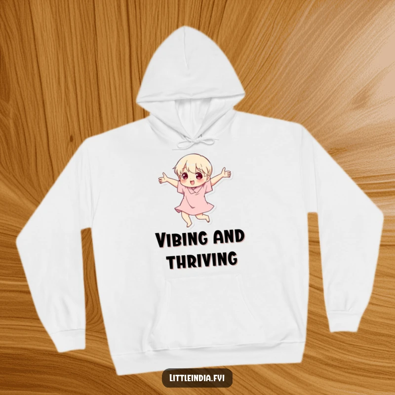 Funny hoodie depicting a character in motion, showcasing wild, expressive arm movements and a happy, dancing vibe.
