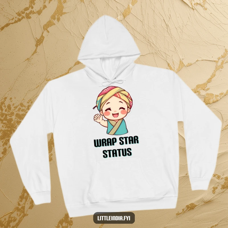 Funny hoodie featuring a smiling character in a vibrant headwrap, waving joyfully, blending cozy comfort with cheerful, humorous vibes.
