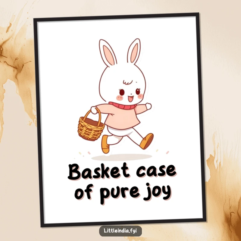 Funny Free Printable Wall Art of a cheerful character skipping with a basket, radiating pure joy and whimsy.
